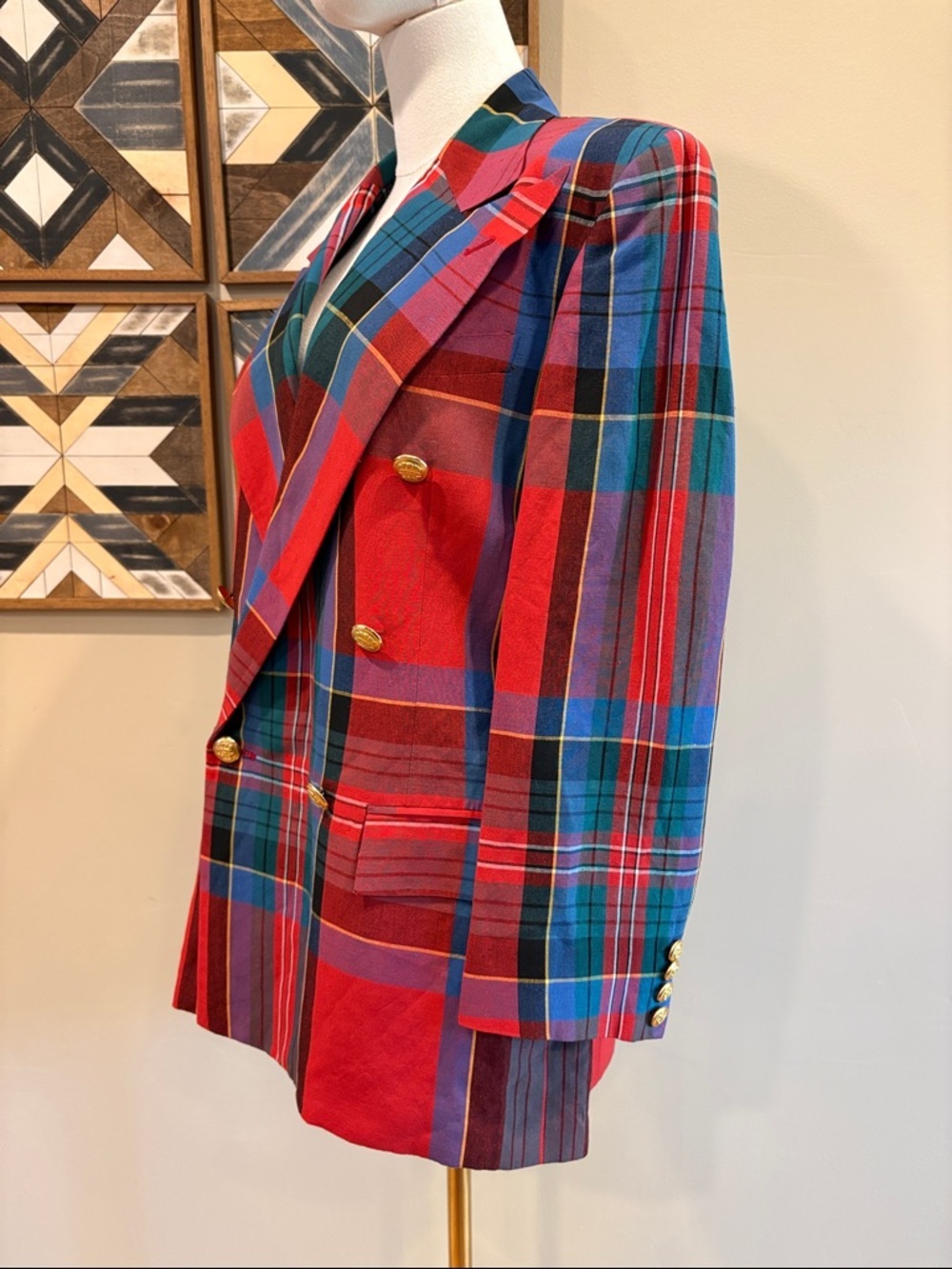 Vintage Ralph Lauren 80s Red Multi Plaid Double-Breasted Blazer Gold Buttons - Picture 4 of 16